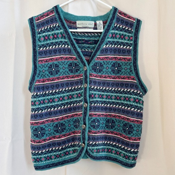 Northern Isles Sweaters - Vtg Northern Isles Sweater Vest L Hand Embroidered Floral Cottage Nordic 18860
